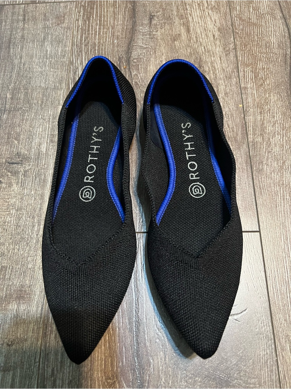Rothy's Black Knit Pointed Slip-On Flats with Blue Trim